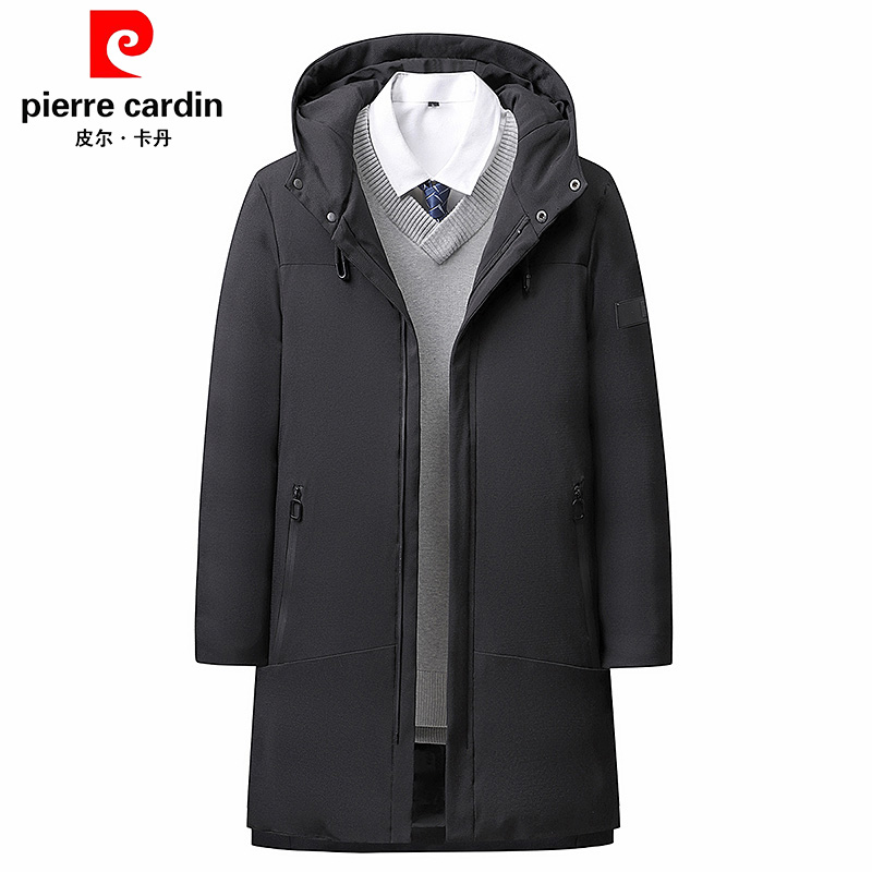 皮尔卡丹棉服男士中长款连帽秋冬加厚风衣青年上衣商务休闲外套
