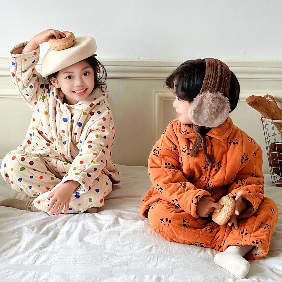 儿童三层夹棉睡衣套装冬季加厚保暖男女童宝宝纯棉加绒小孩家居服