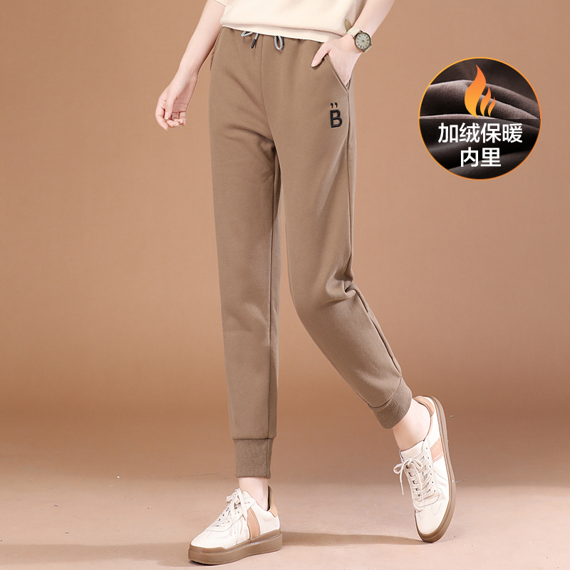 清仓-速秒】松紧高腰刺绣加绒加厚运动裤女冬哈伦休闲卫裤PT0404