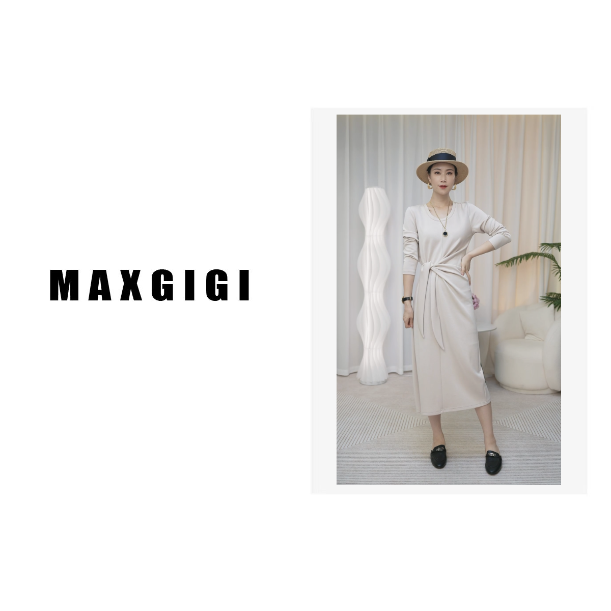 【扭结风情】MAXIGIGI秋装显瘦优雅休闲长袖圆领针织连衣裙#23835