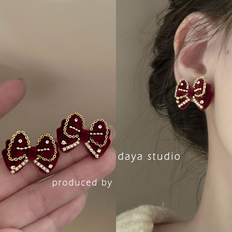 娇俏千金 酒红丝绒蝴蝶结锆石耳环轻奢高级感小众设计ins法式复古