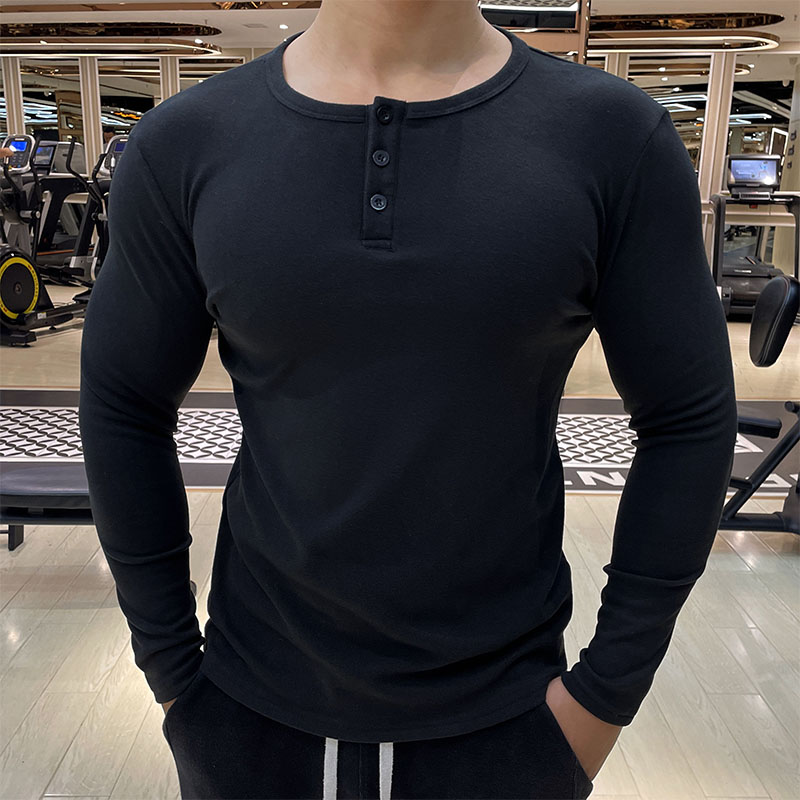 秋冬季美式德绒保暖修身长袖男士弹力健身训练服亨利领T恤打底衫