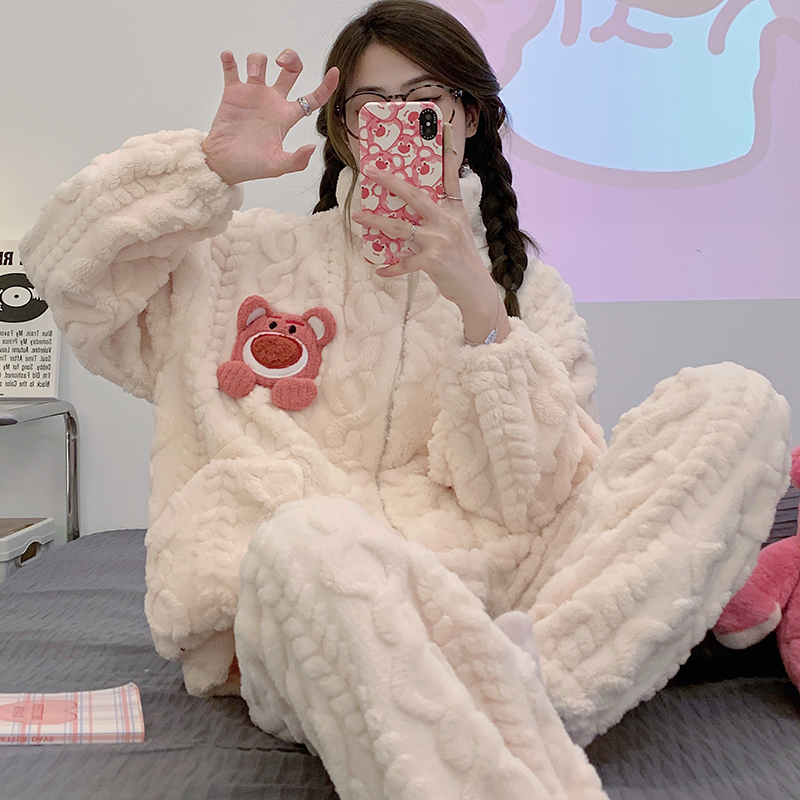 2023秋冬季加绒加厚网红风新款冬天法兰绒居家套装珊瑚绒睡衣女