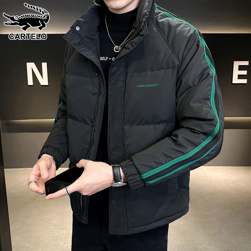 鳄鱼冬季羽绒服男士侧条纹立领加厚防寒面包服潮流帅气白鸭绒外套