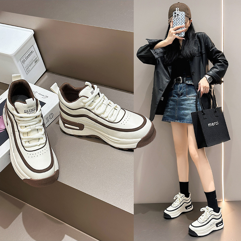 红蜻蜓牌头层牛皮厚底小白鞋女2023秋季韩版园头松糕加绒运动鞋女