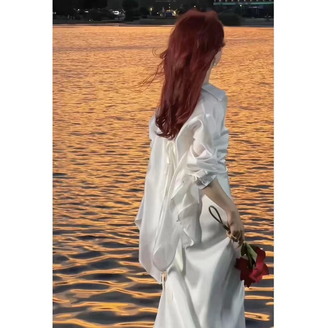 设计感后背开叉防晒衬衫吊带连衣裙套装女韩版宽松薄款上衣衬衣潮