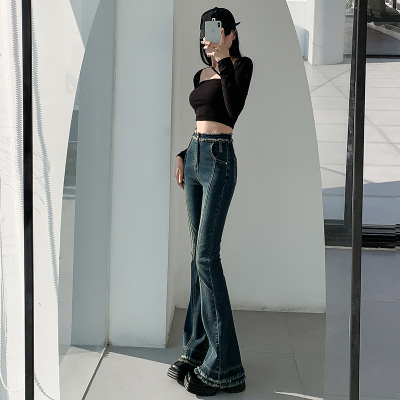 高腰微喇叭牛仔裤女2023秋冬新款时尚紧身复古毛边显瘦马蹄裤子