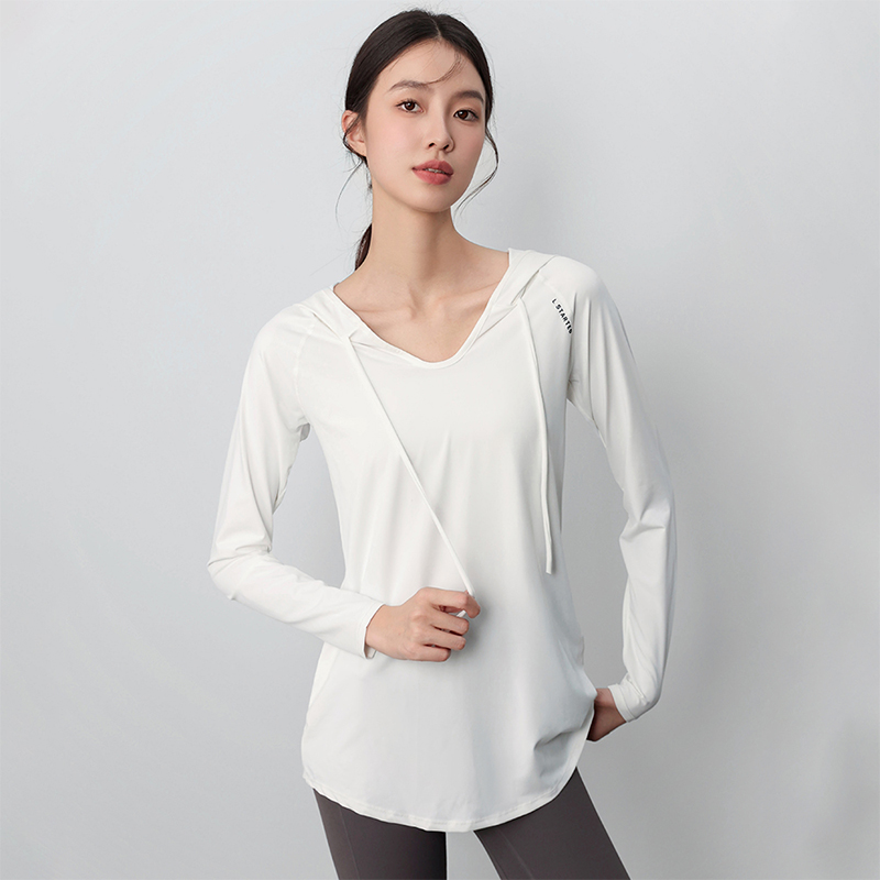 运动上衣女瑜伽服长袖T恤休闲宽松显瘦健身服跑步连帽长款速干衣