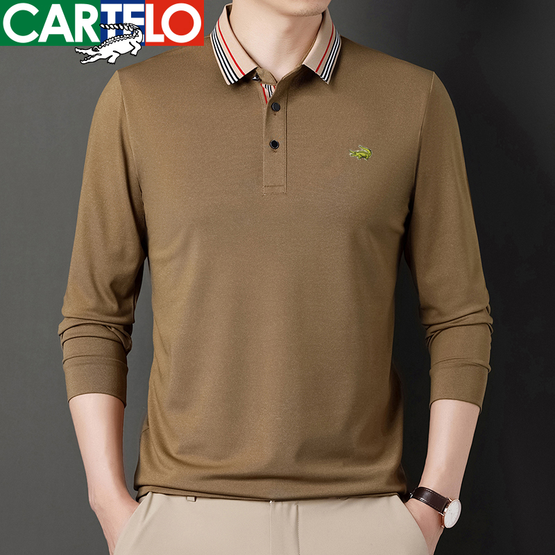 CARTELO/卡帝乐鳄鱼春秋男士高档长袖翻领纯色t恤打底免烫POLO衫