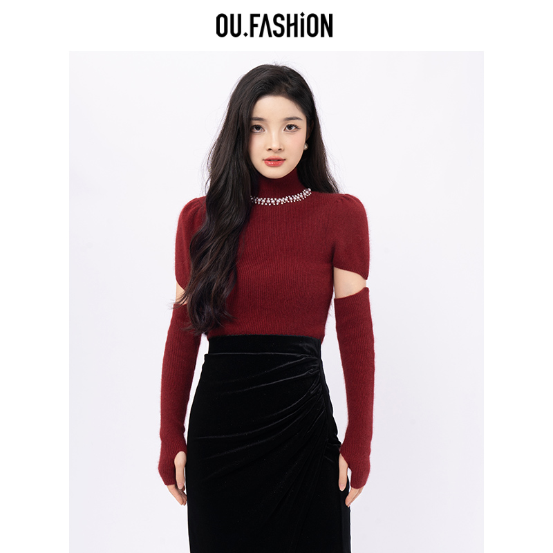 OU.FASHION/欧点钉珠镶钻半高领毛衣女断袖毛针热力感6042330466