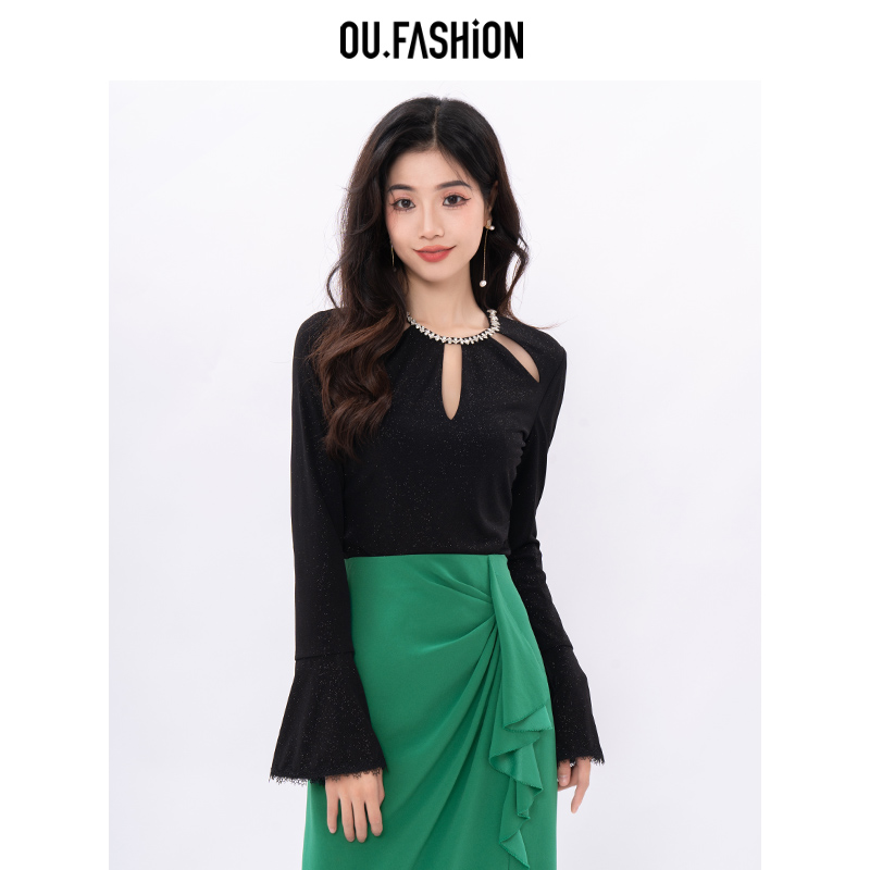 【宝姐专享】OU./欧点重工钉珠长袖T恤修身显瘦上衣6022330045