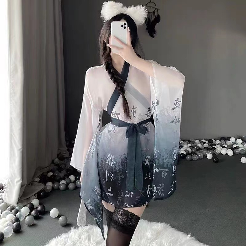 仙气飘飘复古国风柔纱水墨和服浴袍古风汉服睡衣套装睡裙睡衣