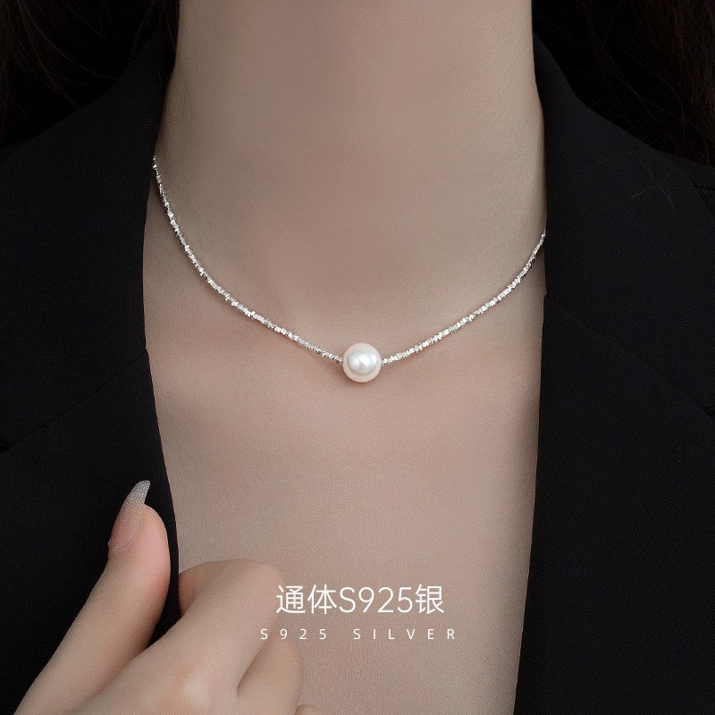 链子925银仿珍珠 碎银几两珍珠项链女生小众s925银项饰贝珠锁骨链