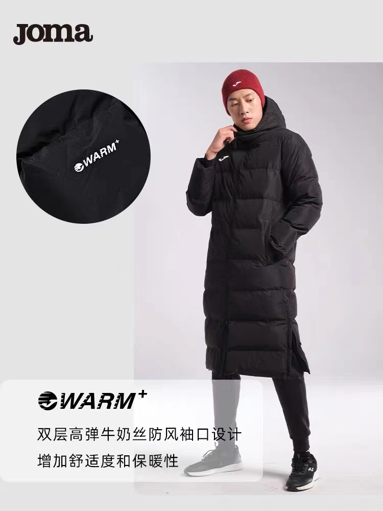 Joma23年新款长款棉衣男防泼水冬季户外运动加厚保暖外套过膝棉服