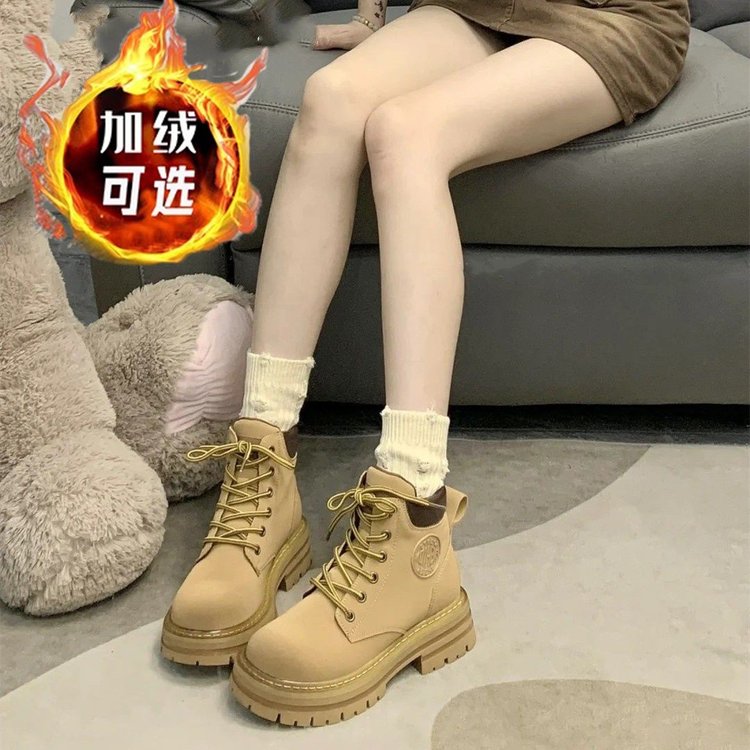 系带加绒保暖大黄靴2023秋冬复古机车靴女鞋厚底增高马丁靴男女鞋