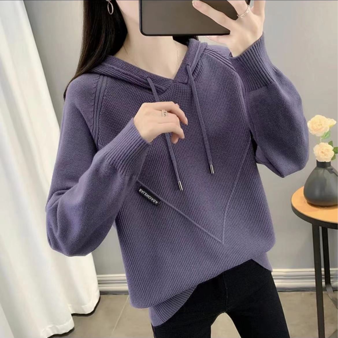 【薰衣草帽衫】早春新款连帽宽松显瘦休闲百搭纯色卫衣针织上衣
