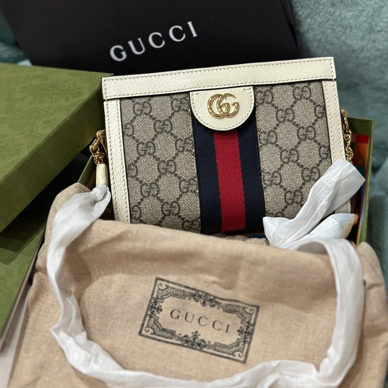 95新 GUCCI/古驰 青奢荟/迷你帆布单肩链条斜挎夹子包//32669