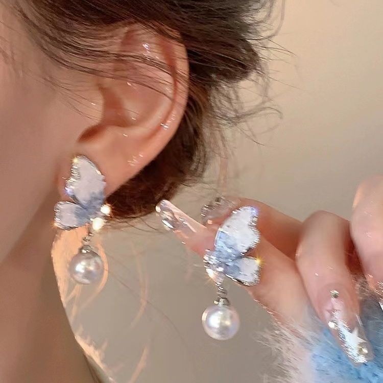 蓝色蝴蝶耳饰女小众设计感高级耳钉独特耳环独特耳环2023新款爆款