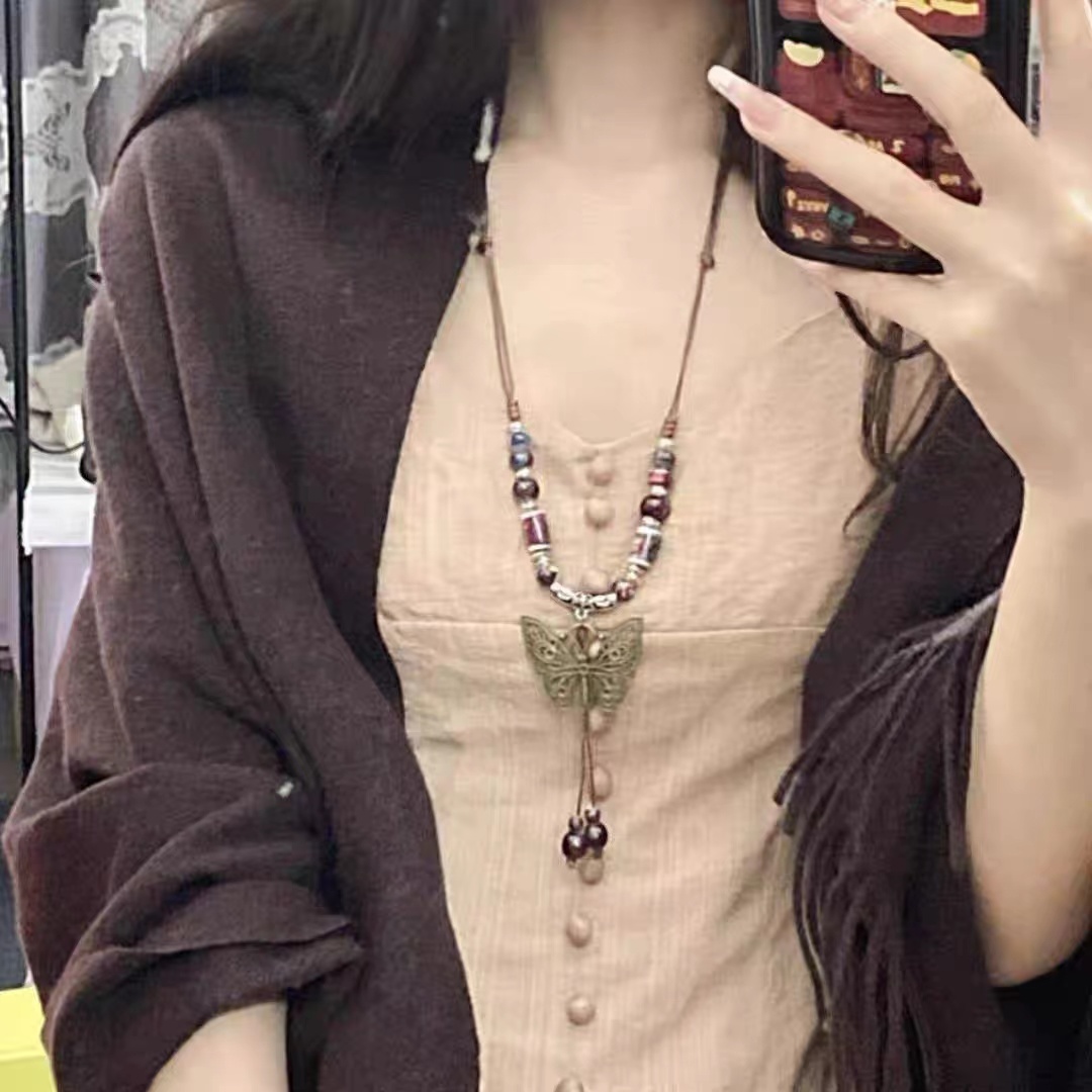 新中式手作中国风项链女小众手工民族风项链女生陶瓷项链月亮项链