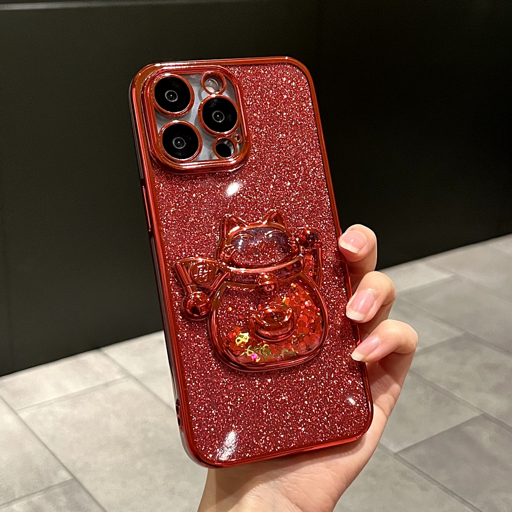 闪粉流沙招财猫适用苹果iPhone15promax/14/13手机壳全包防摔喜庆