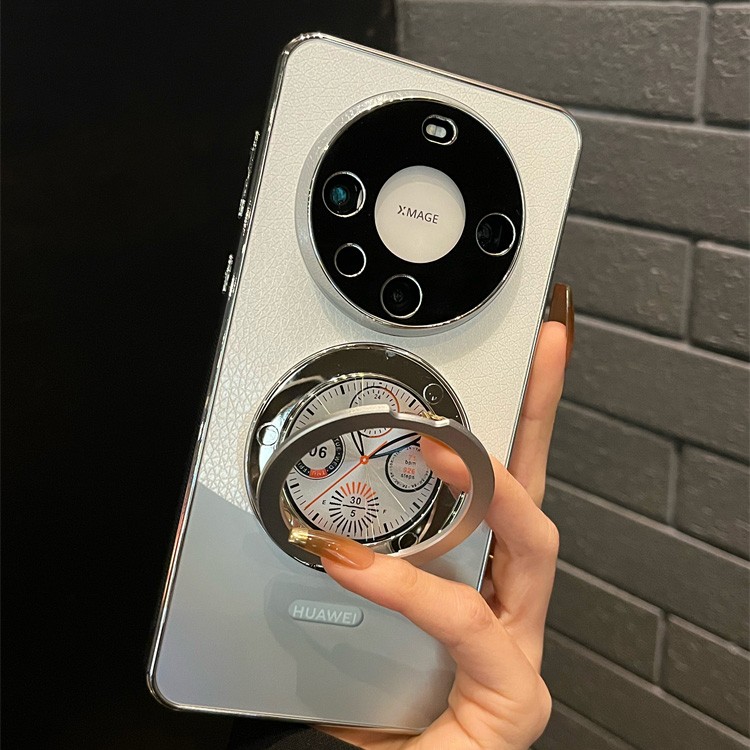 适用华为手机壳新款钟表纹360°旋转磁吸支架皮纹电镀全包镜头防摔