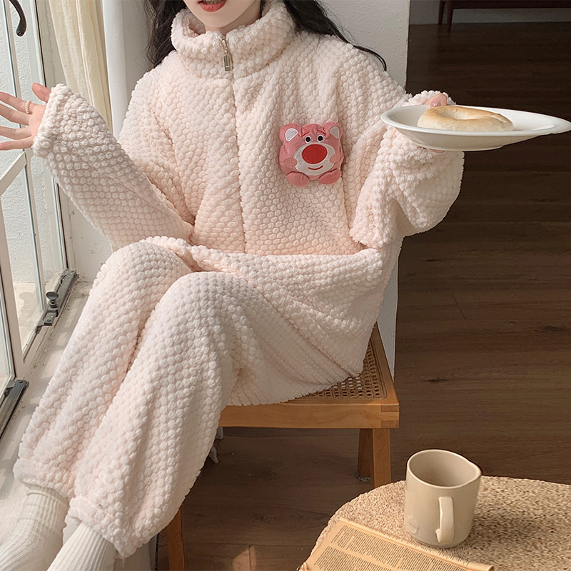 『CC』珊瑚绒睡衣女秋冬季甜美可爱加绒加厚保暖卡通家居服两件套装