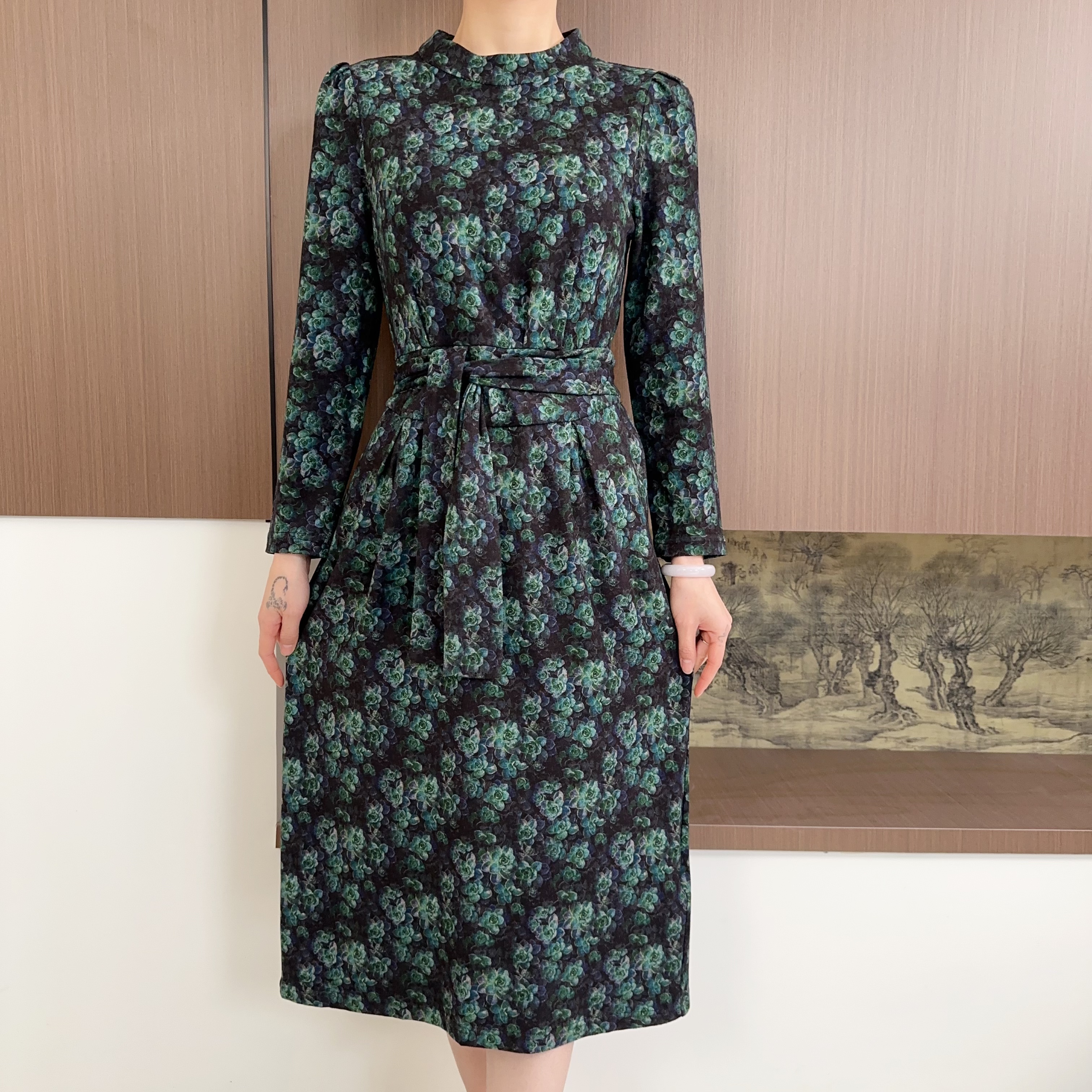 HUANGXIAOXI 绿色小茉莉秋冬法式减龄气质连衣裙ZF-1215