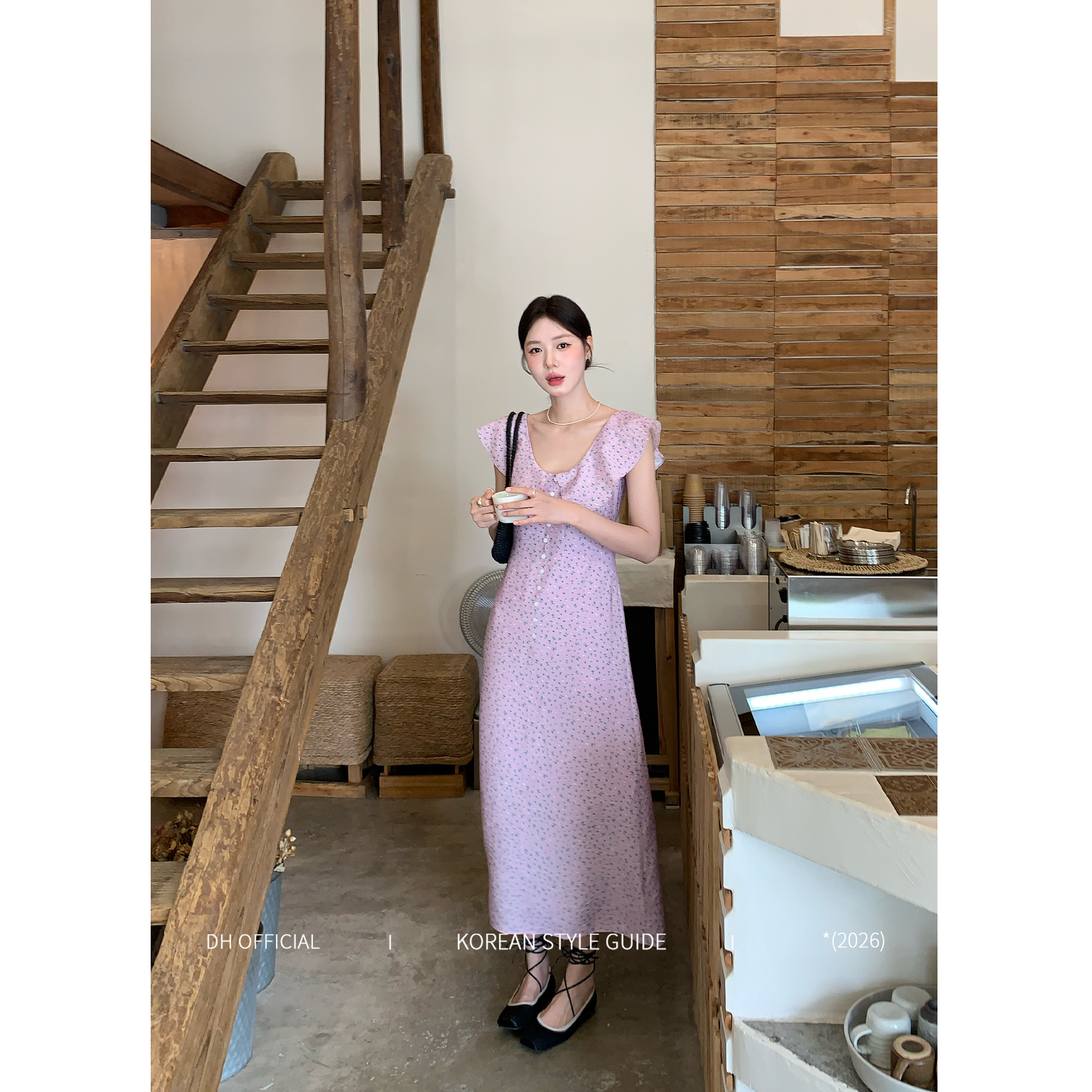 DH大花【倾城之恋】夏季度假拍照出片温柔碎花荷叶边小飞袖连衣裙女