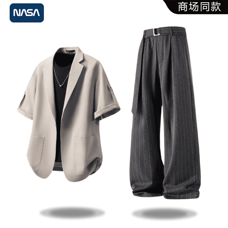 NASA大码休闲短袖西服套装男夏季薄款潮痞帅轻熟风宽松高级两件套
