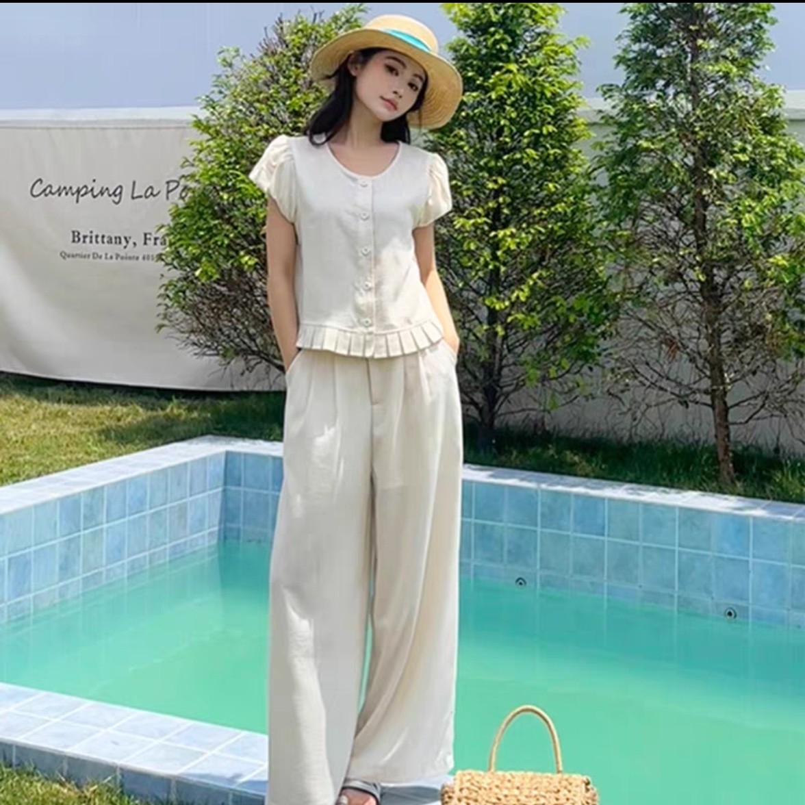 016时髦显瘦短袖套装2025夏季新款小香风圆领上衣阔腿裤两件套