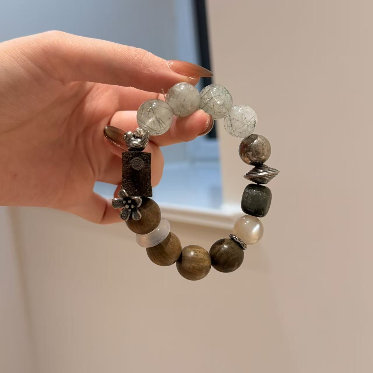 「枯木生花」三七老银绿发晶银月光鹰眼石玉髓跑环手串手链E736