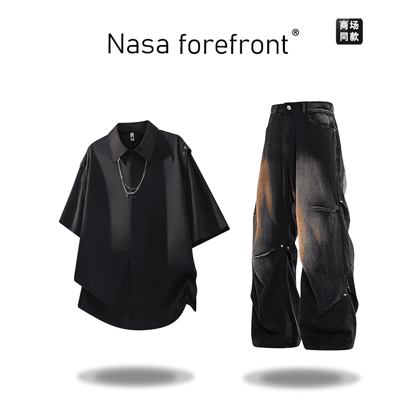 NASA 美式翻领短袖T恤套装男春夏季设计感痞帅时尚百搭两件套穿搭