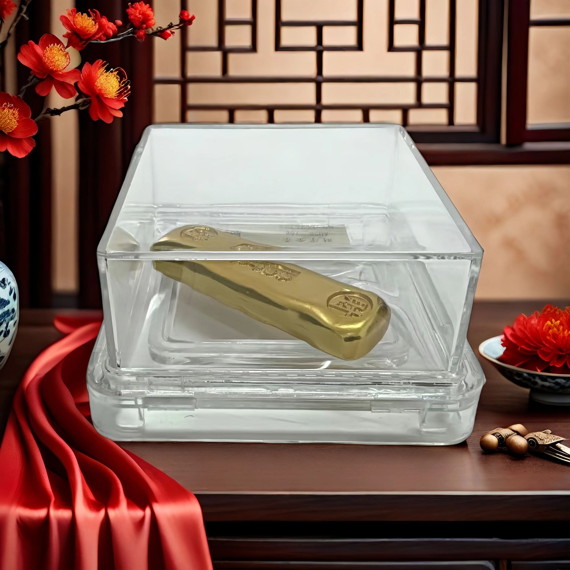 长条金色小黄鱼实心9999 福禄寿喜财 水晶礼盒包装G088