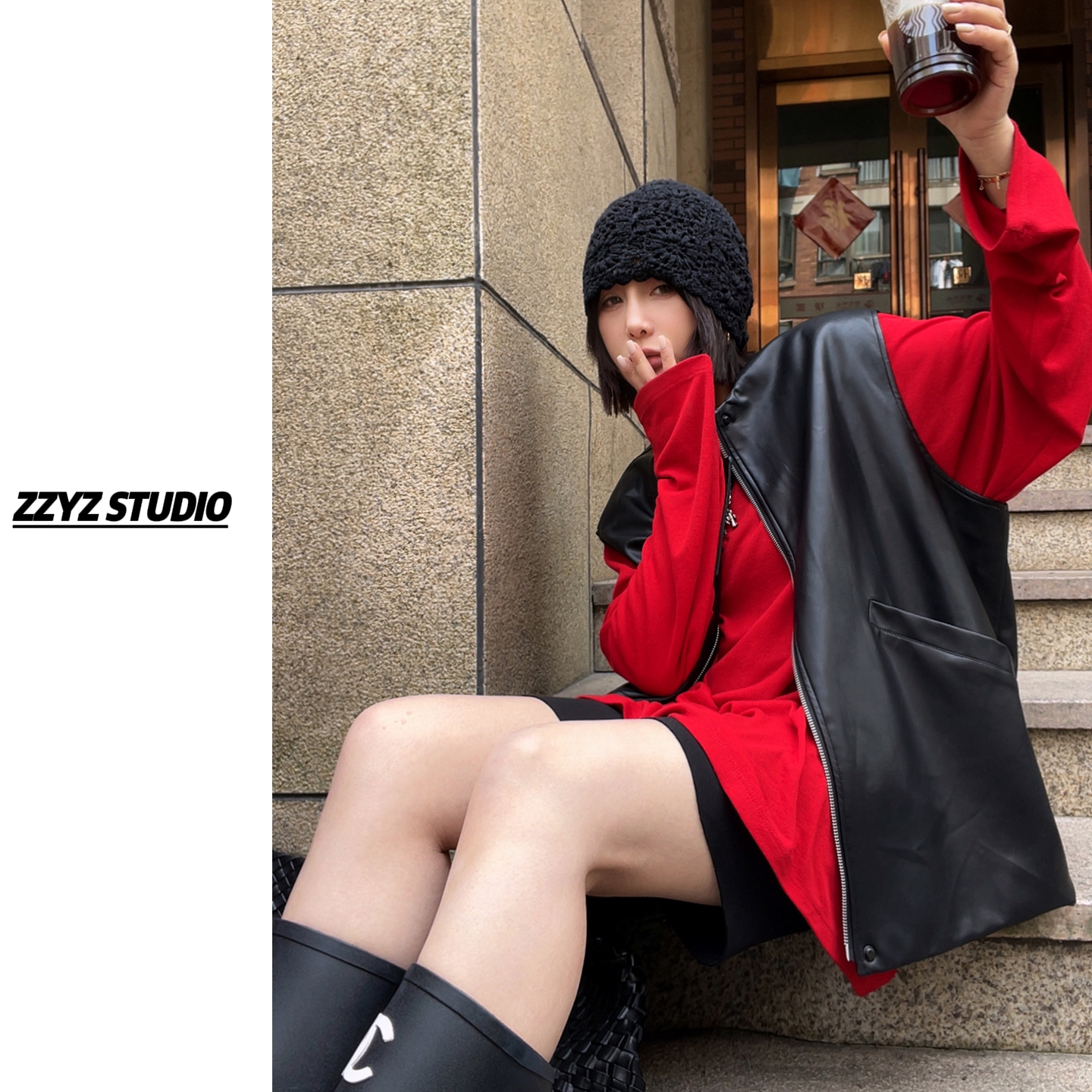 【ZZYZ】“慢岛”欧货高级感黑色PU皮马甲宽松休闲大版马夹外套