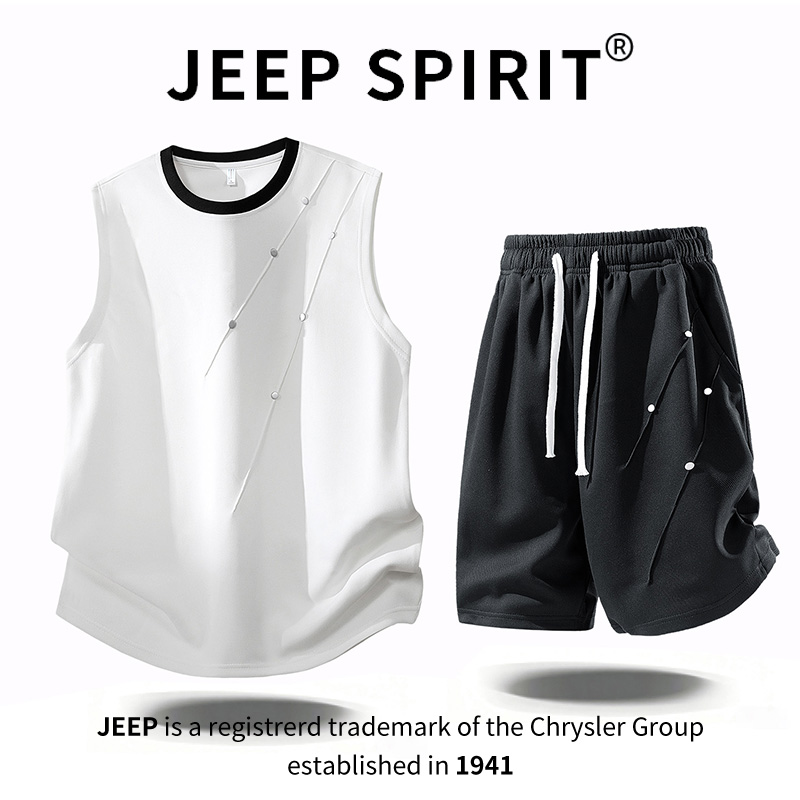 JEEPSPIRIT吉普运动背心短裤套装男夏季薄款宽松大码铆钉搭配两件