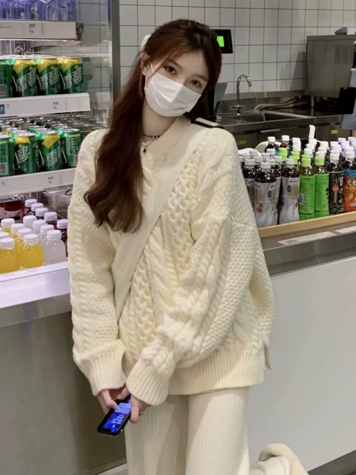 5678 2025新款日系慵懒风高级感粗棒针圆领套头针织宽松毛衣女