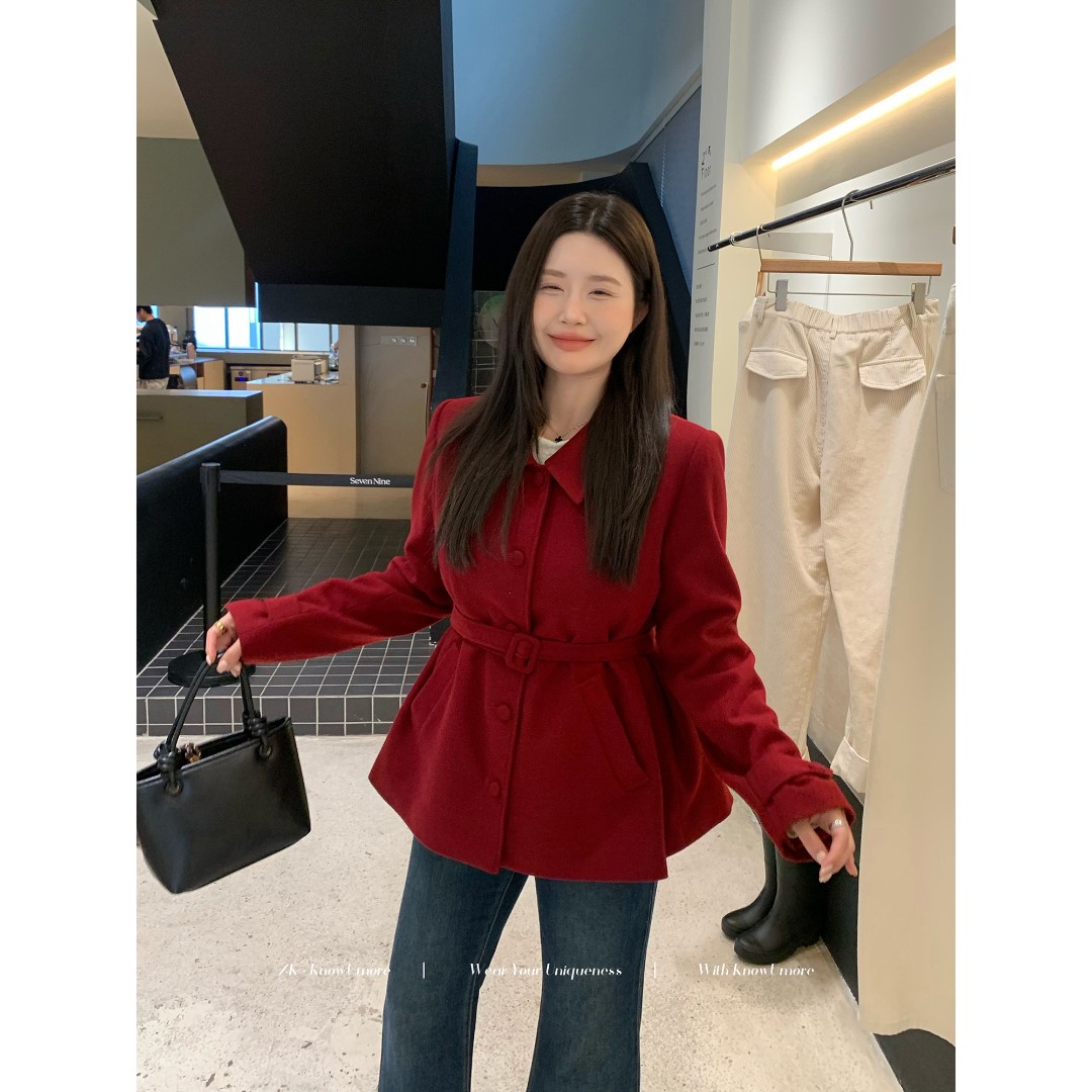 知葵微胖定制【安妮霍格】新年外套冬收腰毛呢大衣12244MN5168