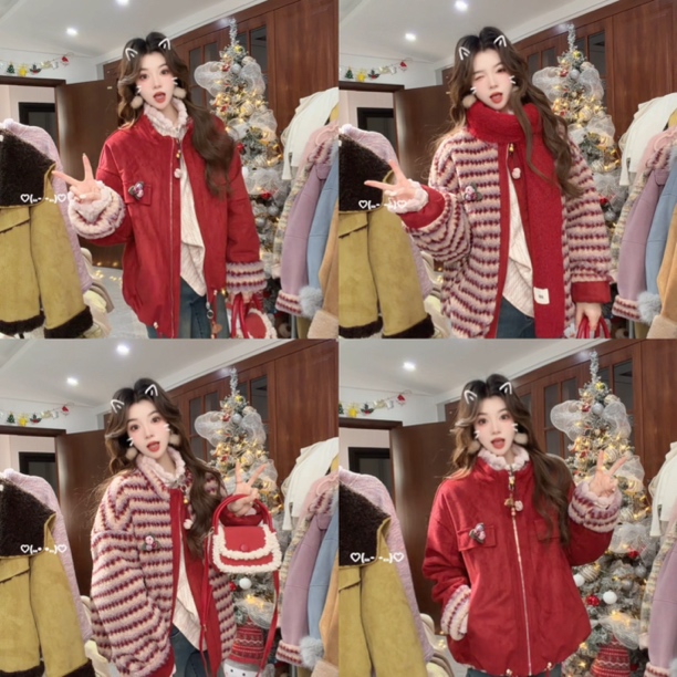 YBB「新年快乐」正反两穿冬季氛围感毛绒加厚保暖外套