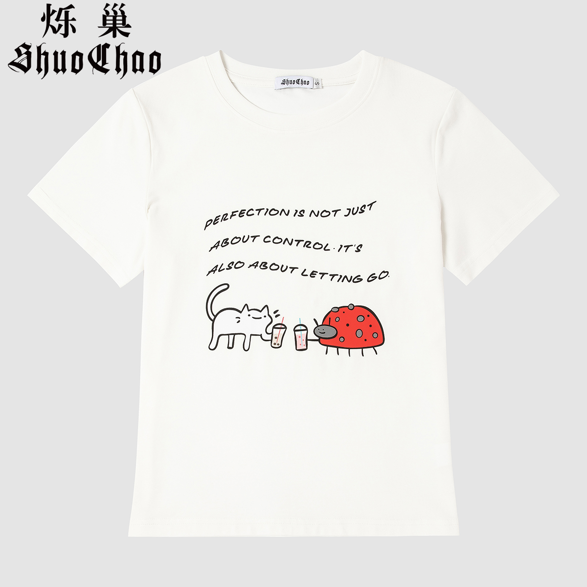 夏季柔软莫代尔材质简约卡通猫英文印花纯色显瘦女士短袖T恤