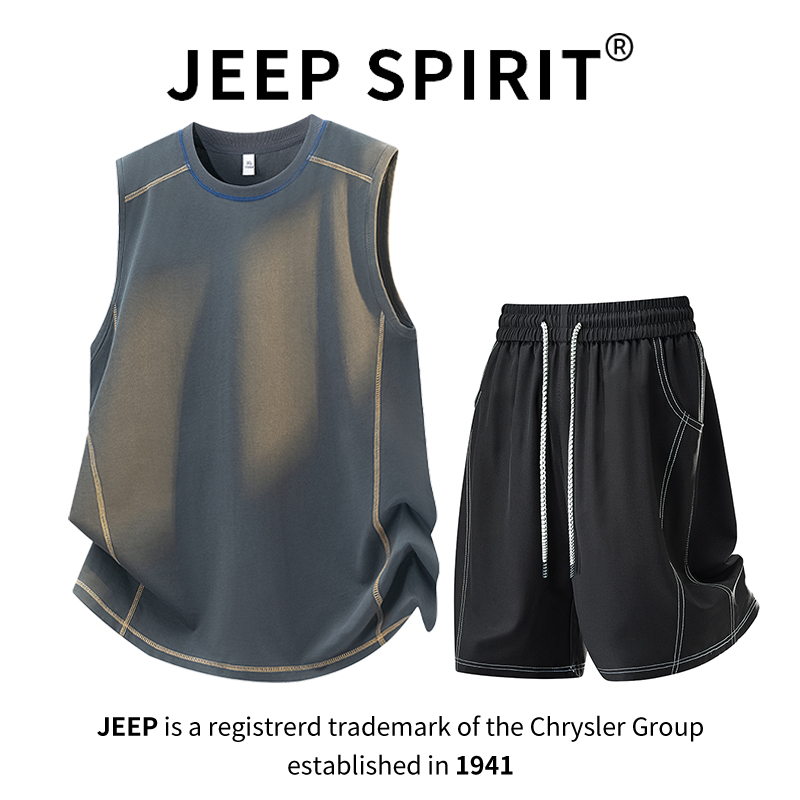 JEEPSPIRIT吉普背心短裤大码套装男夏季冰感宽松运动休闲无袖T恤