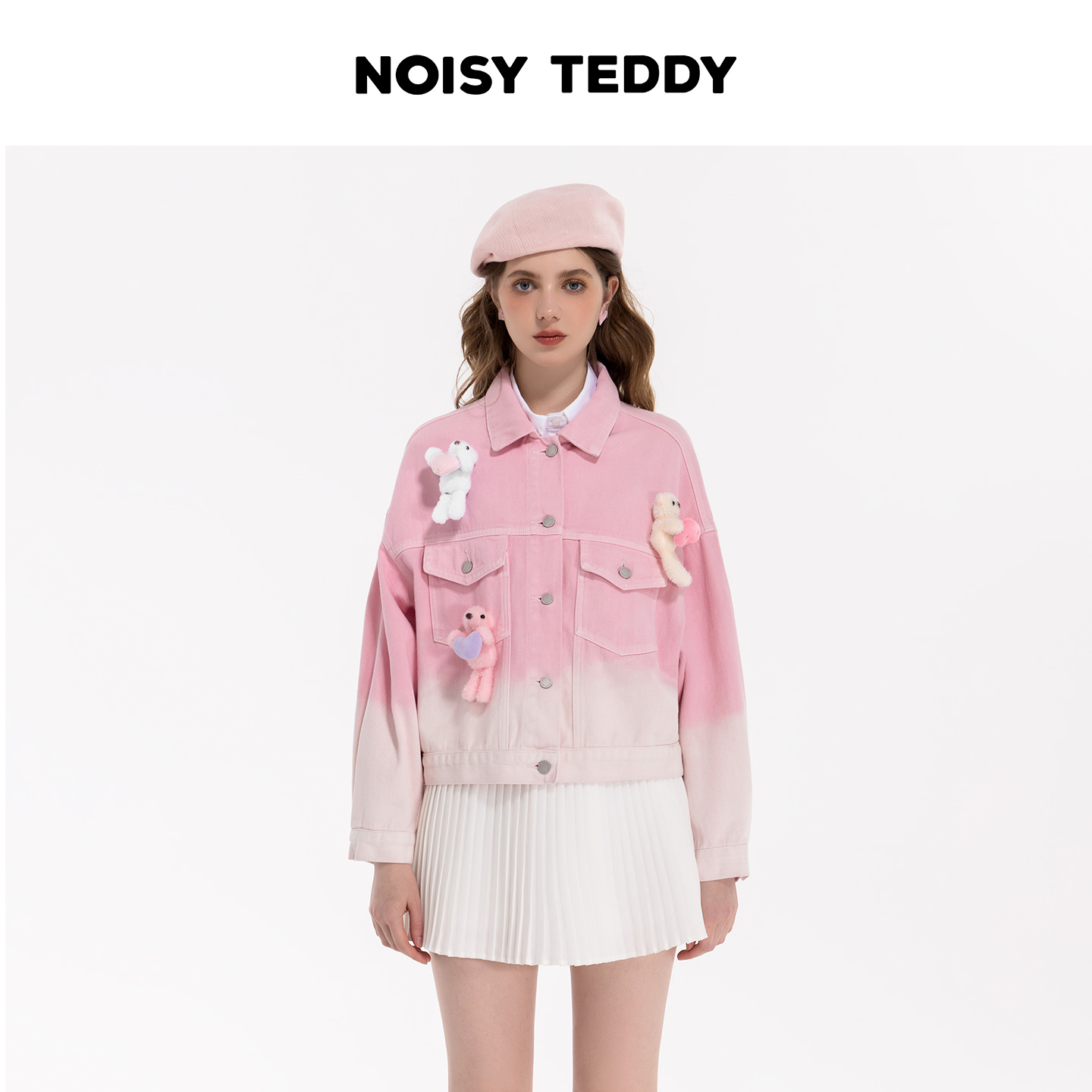 NOISYTEDDY爱心熊渐变色短款时尚翻领女牛仔外套休闲春秋潮流宽松