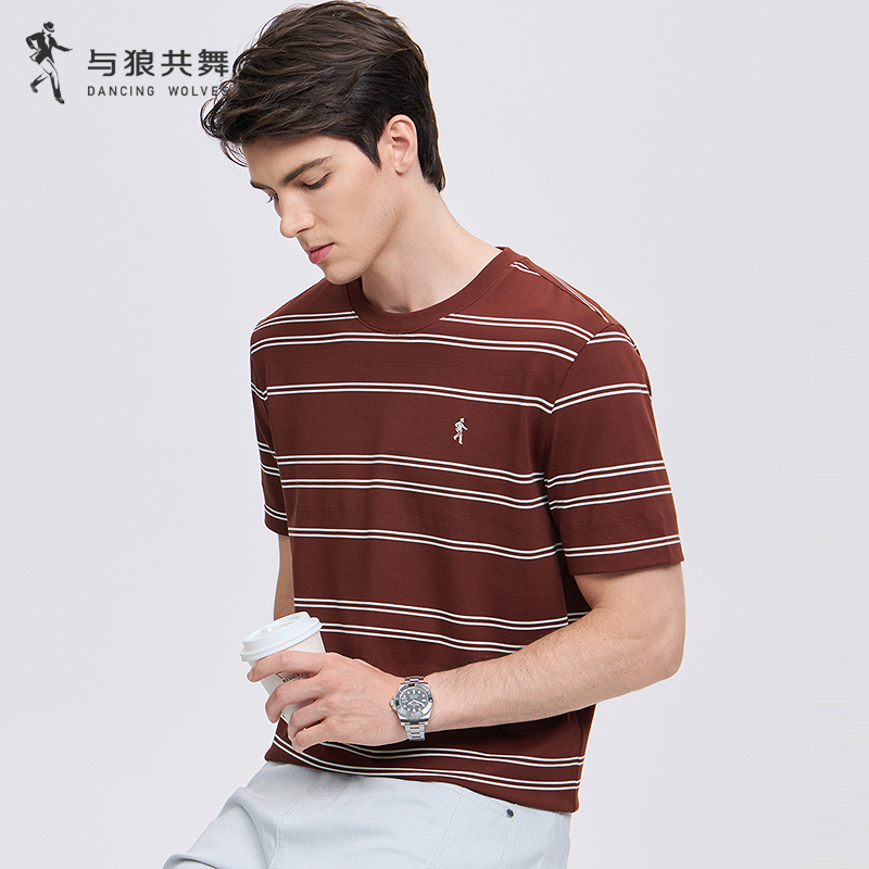 【条纹撞色】与狼共舞夏季男新款时尚通勤圆领刺绣短袖T恤显瘦百搭