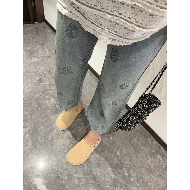 루루가−（太阳花）韩国东大门春季新款复古百搭修身休闲刺绣四面弹直筒