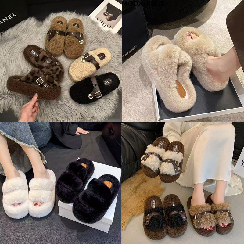 新【疯狂女鞋撤柜款】秋冬季豹纹毛毛拖保暖外穿搭扣加厚女棉鞋