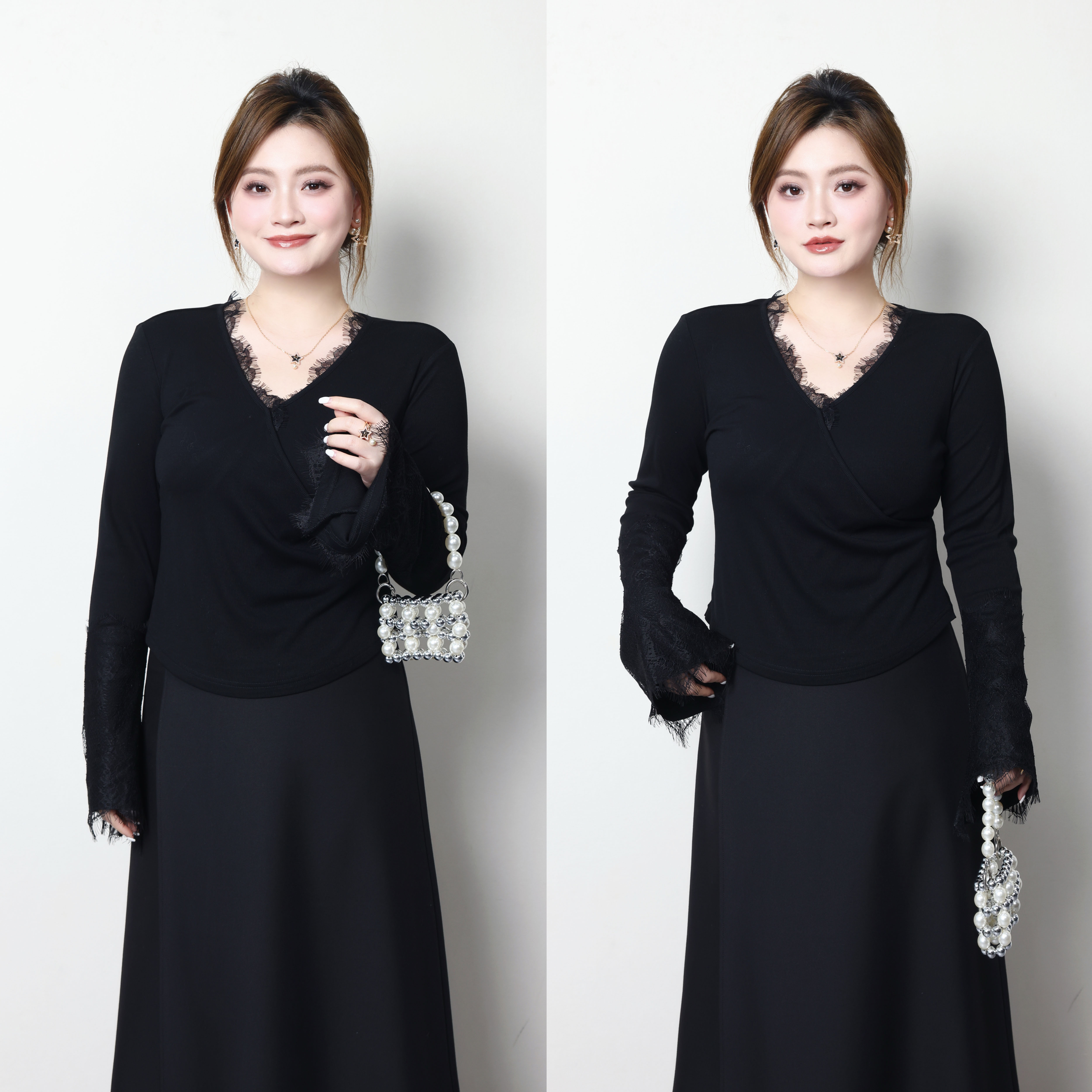 QC杨杨【绮梦蕾丝】微胖大码女气质显瘦V领蕾丝打底衫ZY410K31