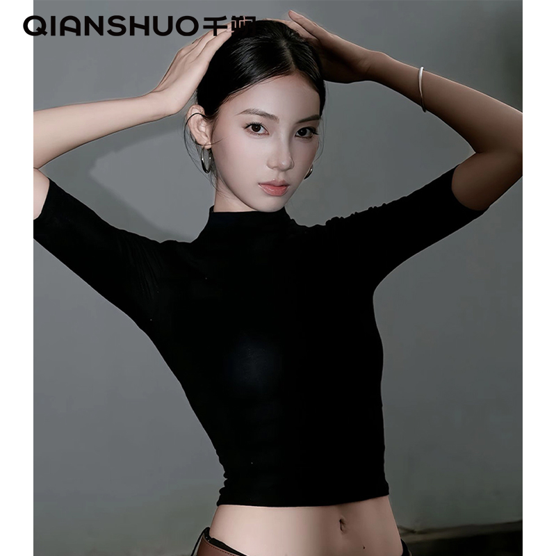 千朔半高领螺纹中袖五分袖t恤女2025夏季修身百搭高档打底上衣女商品图