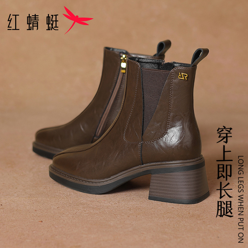 红蜻蜓切尔西短靴防滑秋冬侧拉链高跟女款短靴方跟轻职风黑色皮靴商品图