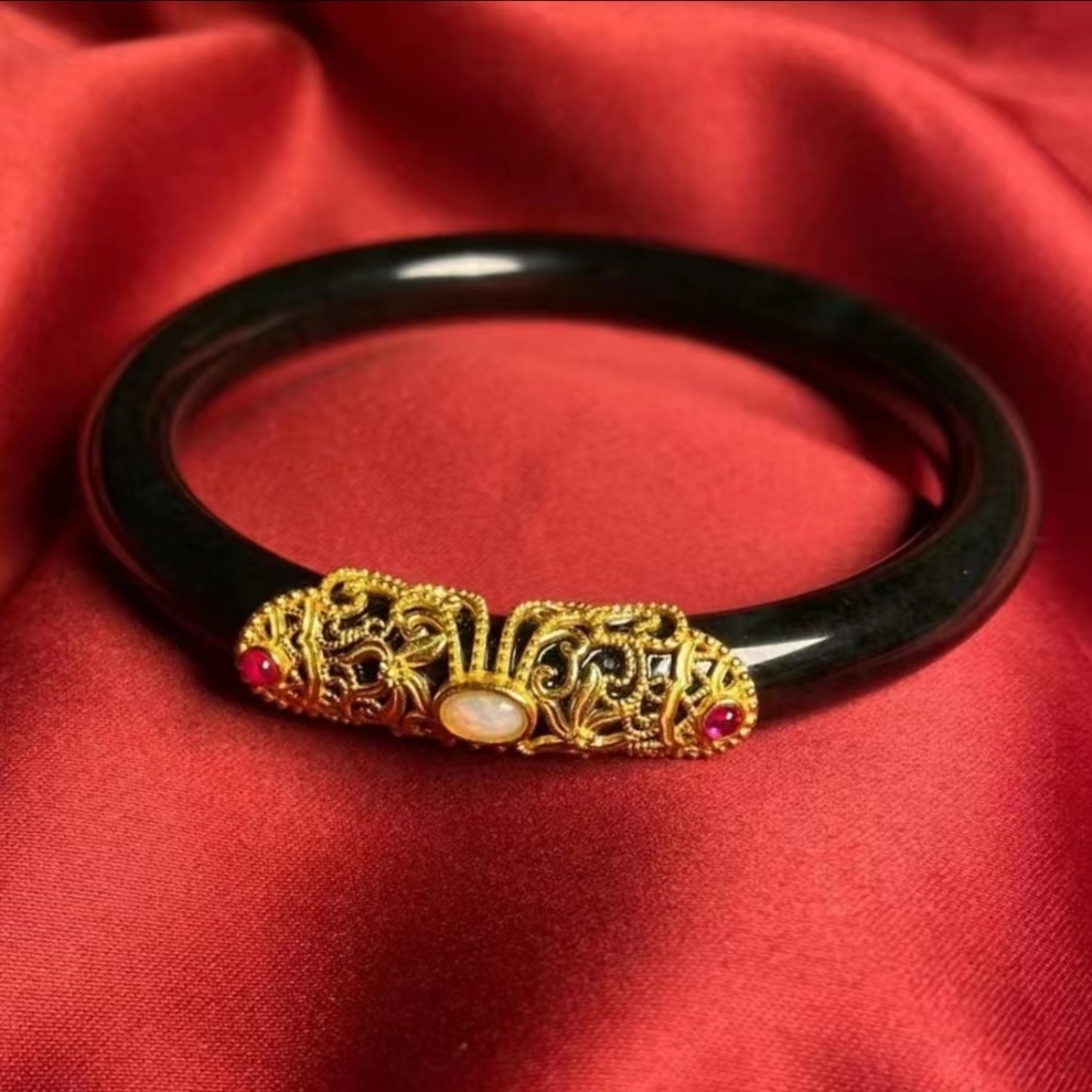 【钱总补贴】手工绣花掐丝银925镶嵌和田墨玉手镯【NBA01】