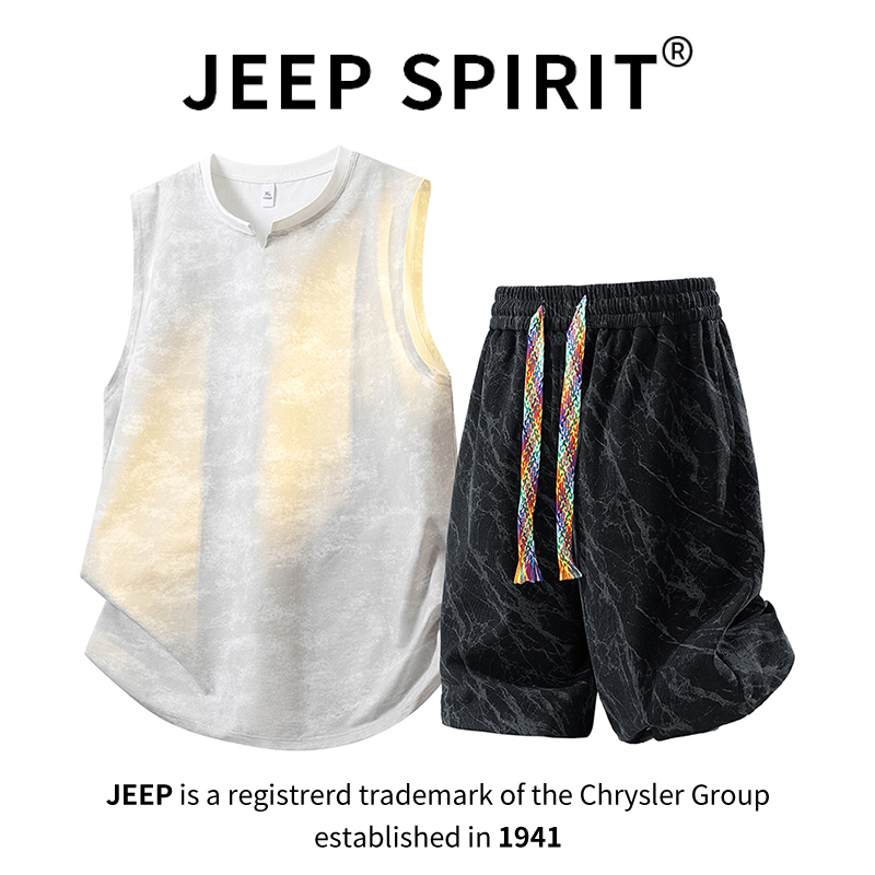 JEEPSPIRIT吉普扎染背心短裤套装男运动休闲夏季薄款宽松无袖T恤