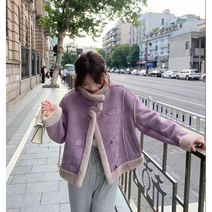 肯豆风欧货高级感立领皮毛一体加厚牛角扣小香风外套女2023秋冬款